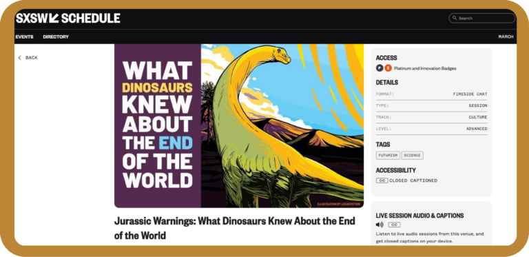 SXSW session page featuring a talk on future insights and cultural trends